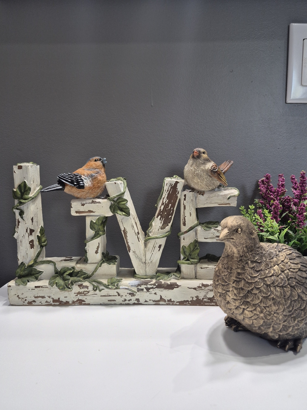 Bird Lot - Live Decorative Sign with Bird Accents & Golden Brown Quail Figurine
